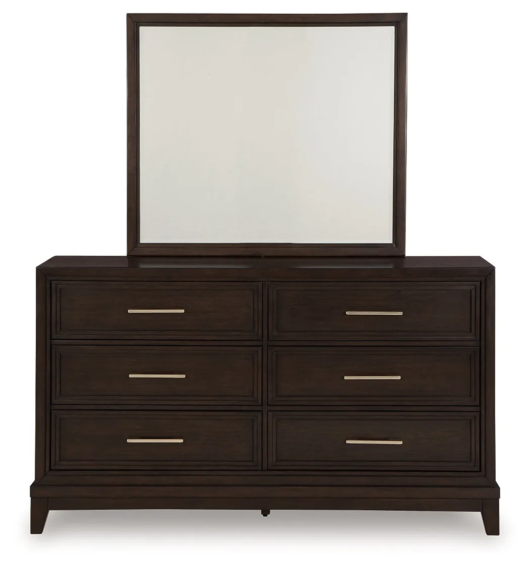 Neymorton Queen Upholstered Panel Bed with Mirrored Dresser and Nightstand in Dark Grayish Brown