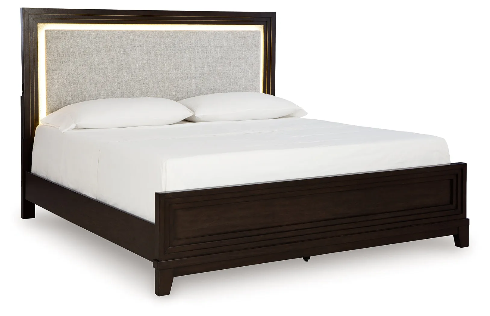 Neymorton Queen Upholstered Panel Bed with Mirrored Dresser and Nightstand in Dark Grayish Brown