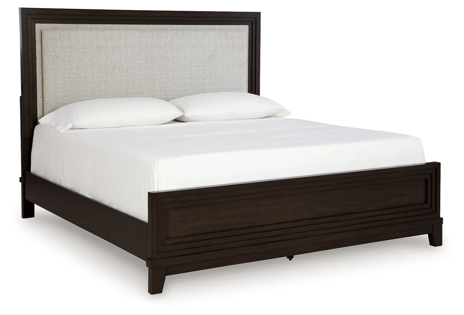 Neymorton Queen Upholstered Panel Bed with Mirrored Dresser and Nightstand in Dark Grayish Brown