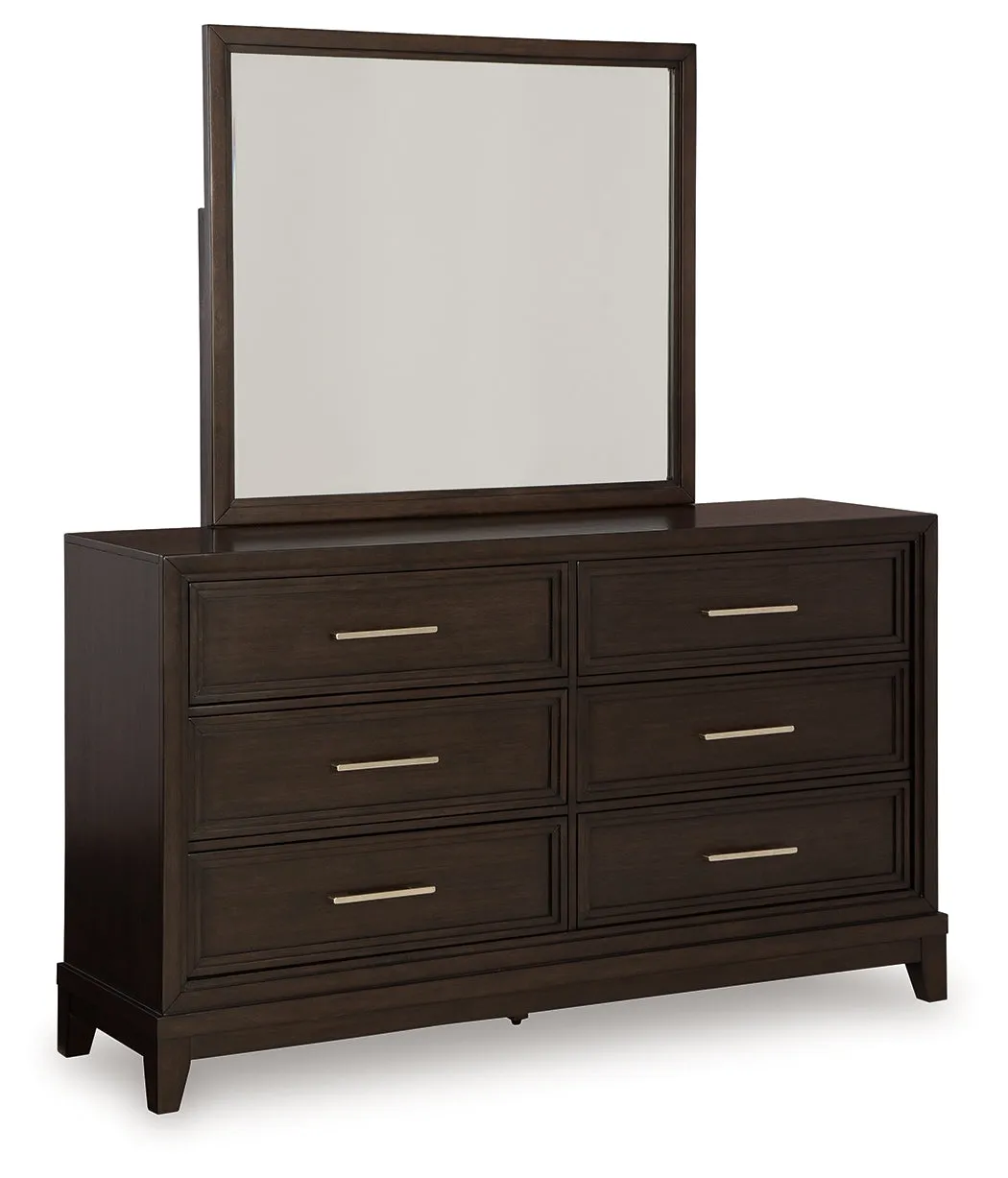 Neymorton Queen Upholstered Panel Bed with Mirrored Dresser and Nightstand in Dark Grayish Brown