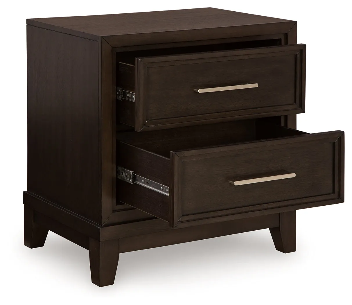 Neymorton Queen Upholstered Panel Bed with Mirrored Dresser and Nightstand in Dark Grayish Brown