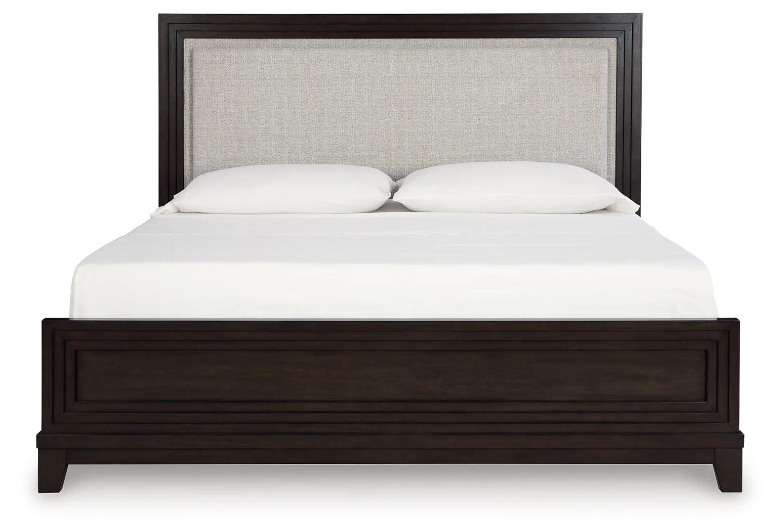 Neymorton Queen Upholstered Panel Bed with Mirrored Dresser and Nightstand in Dark Grayish Brown