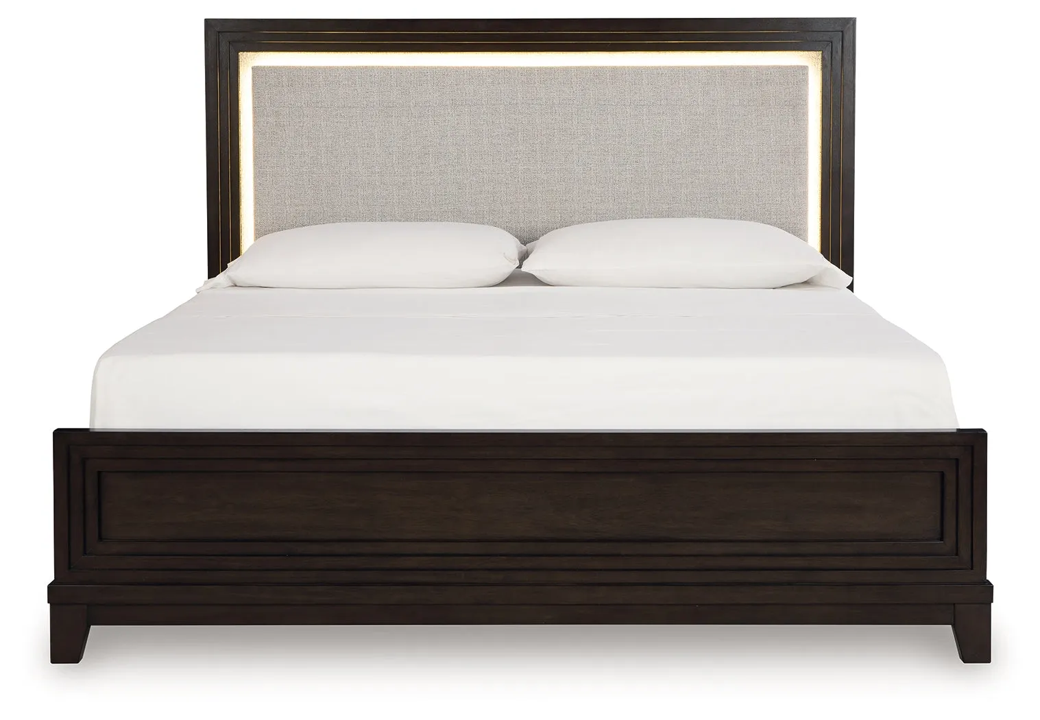 Neymorton Queen Upholstered Panel Bed with Mirrored Dresser and Nightstand in Dark Grayish Brown