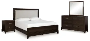 Neymorton Queen Upholstered Panel Bed with Mirrored Dresser and Nightstand in Dark Grayish Brown