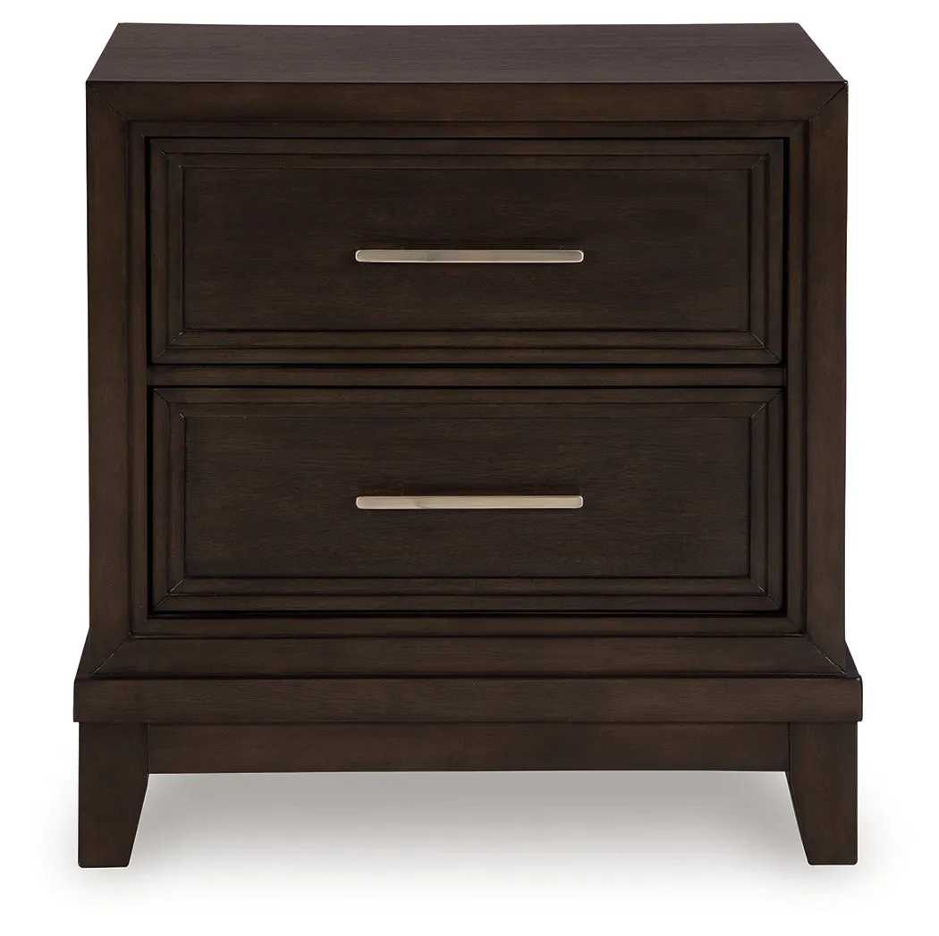 Neymorton Queen Upholstered Panel Bed with Mirrored Dresser and Nightstand in Dark Grayish Brown
