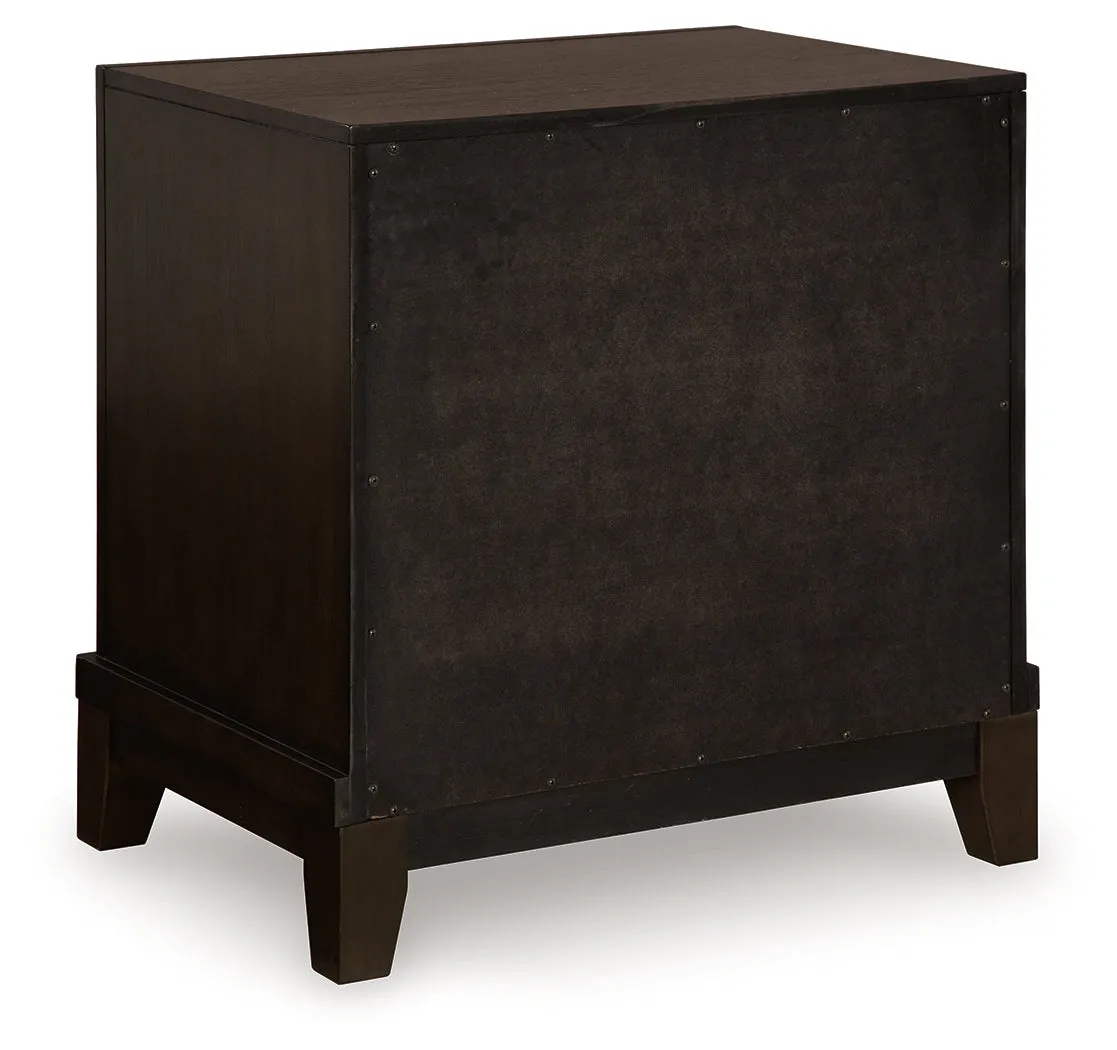 Neymorton Queen Upholstered Panel Bed with Mirrored Dresser and Nightstand in Dark Grayish Brown