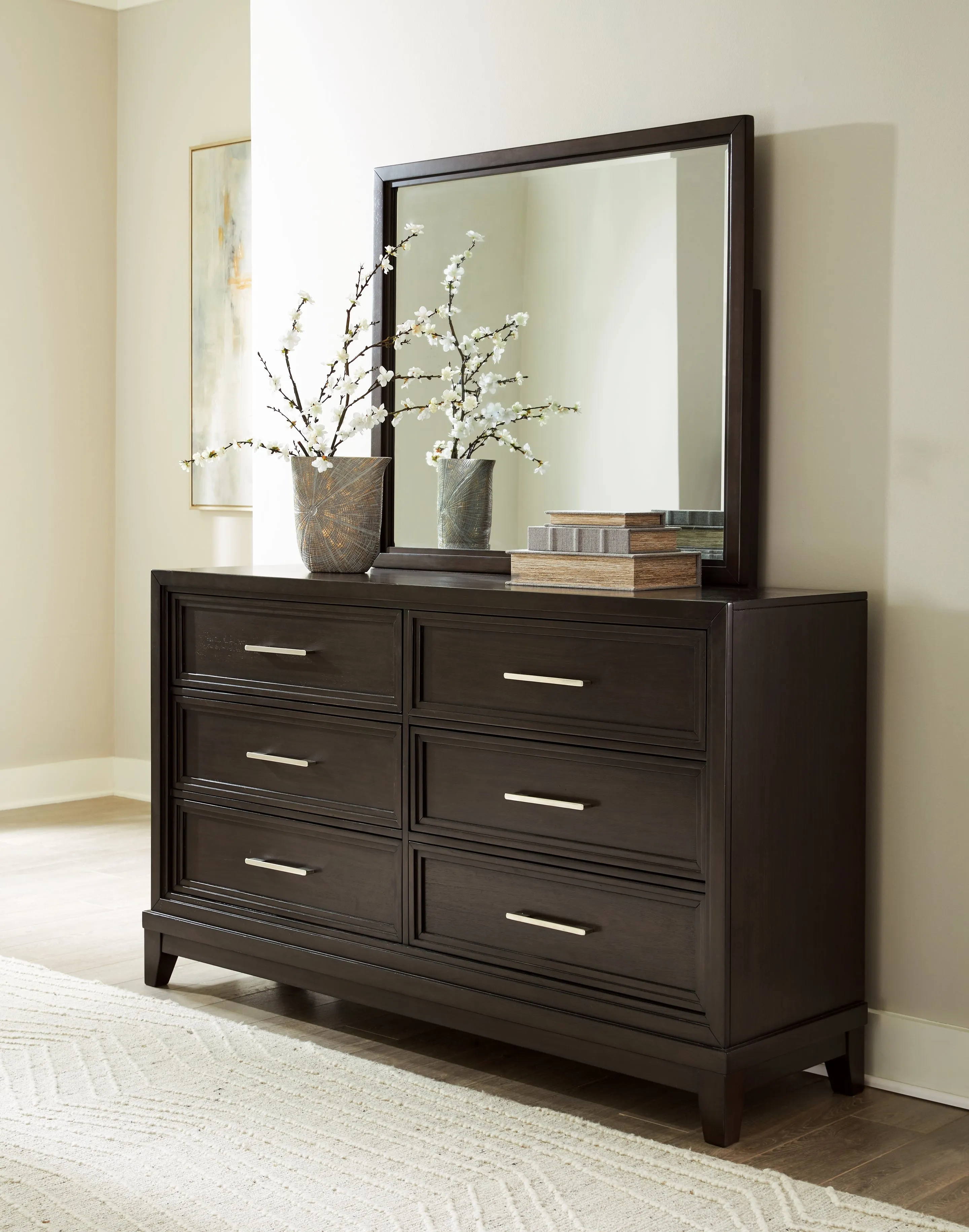 Neymorton Queen Upholstered Panel Bed with Mirrored Dresser and Nightstand in Dark Grayish Brown