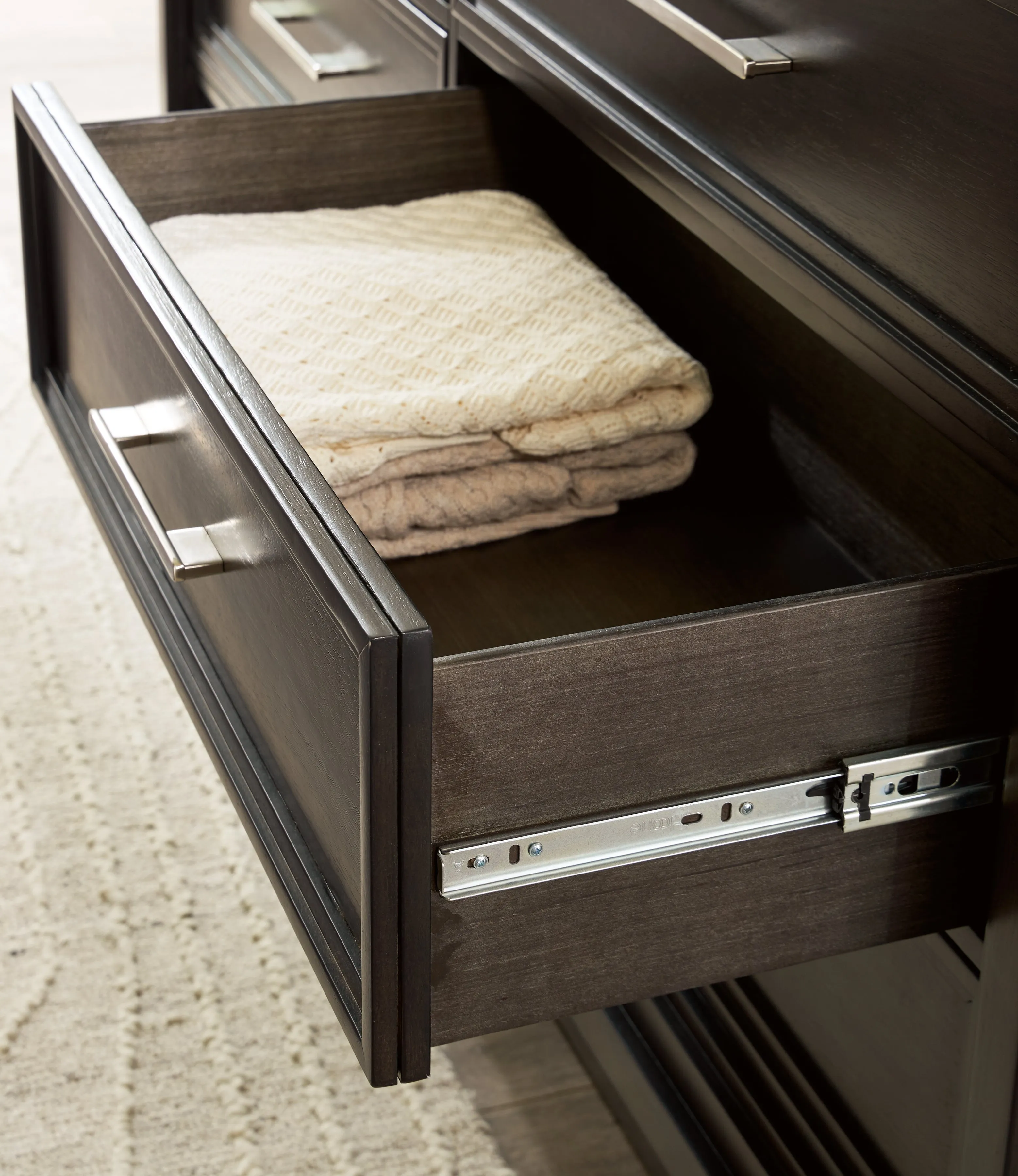 Neymorton Queen Upholstered Panel Bed with Mirrored Dresser and Nightstand in Dark Grayish Brown