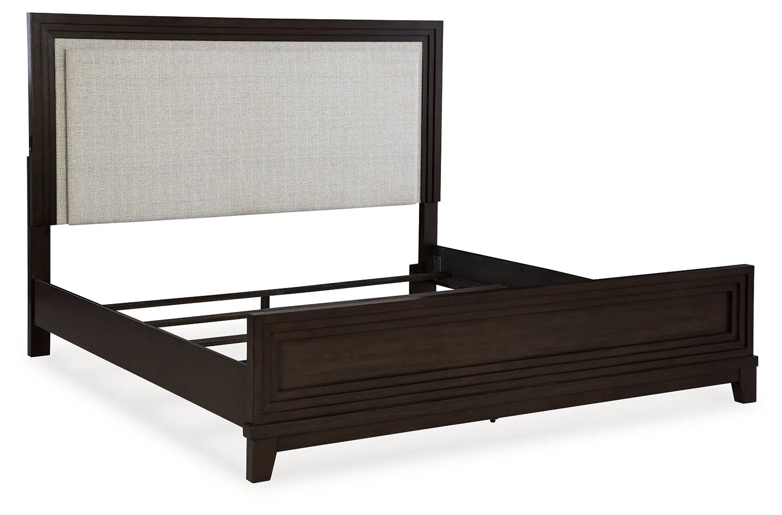Neymorton Queen Upholstered Panel Bed with Mirrored Dresser and Nightstand in Dark Grayish Brown