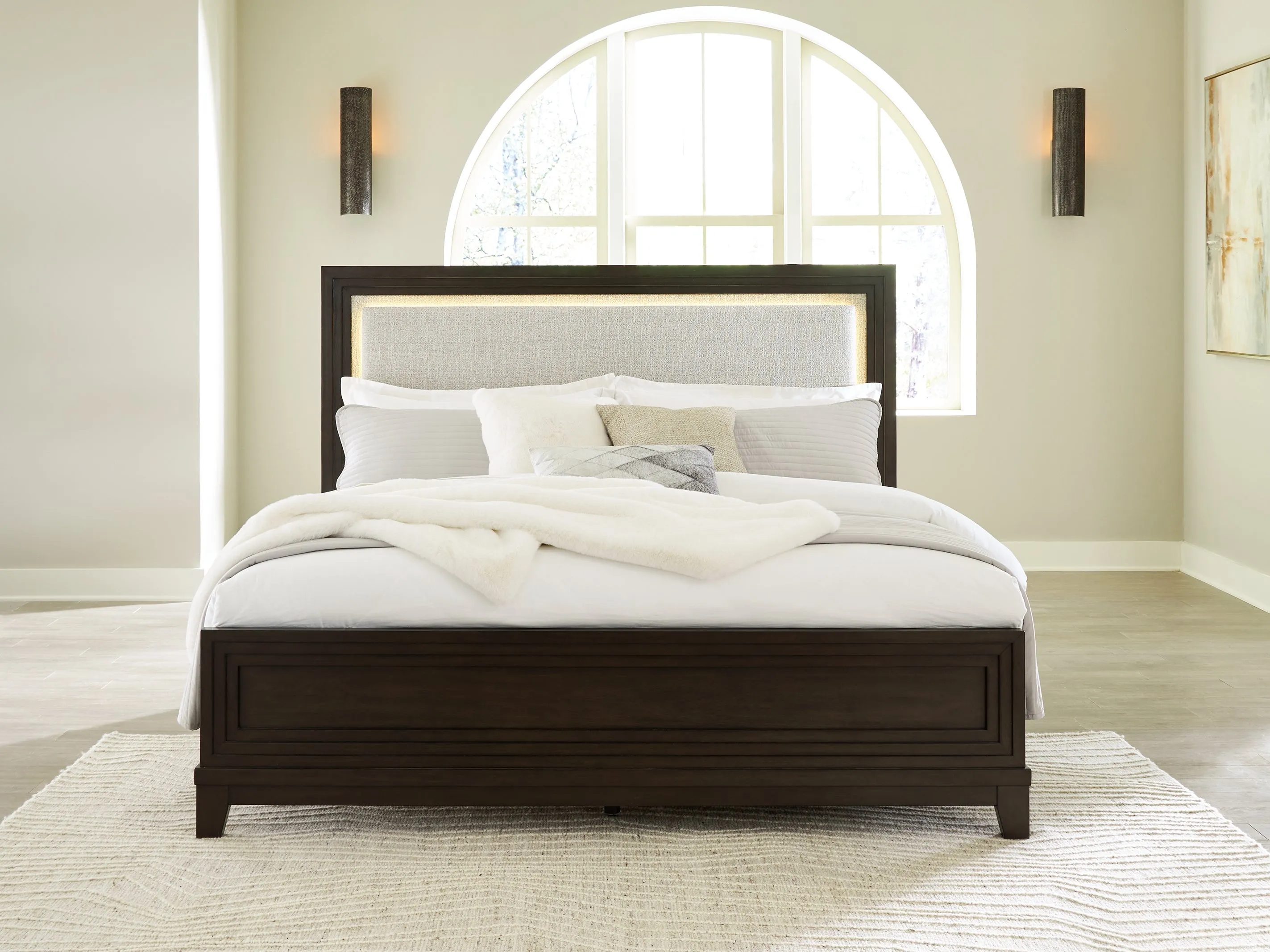Neymorton Queen Upholstered Panel Bed with Mirrored Dresser and Nightstand in Dark Grayish Brown