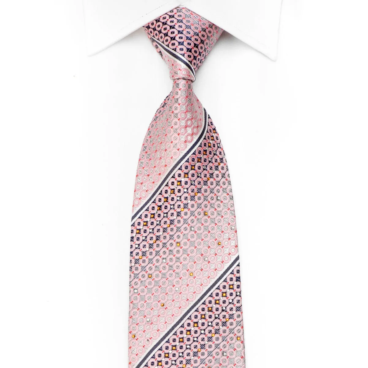 Nicole St Giles Men's Crystal Silk Necktie Pink Geometric Circles On Silver With Sparkles