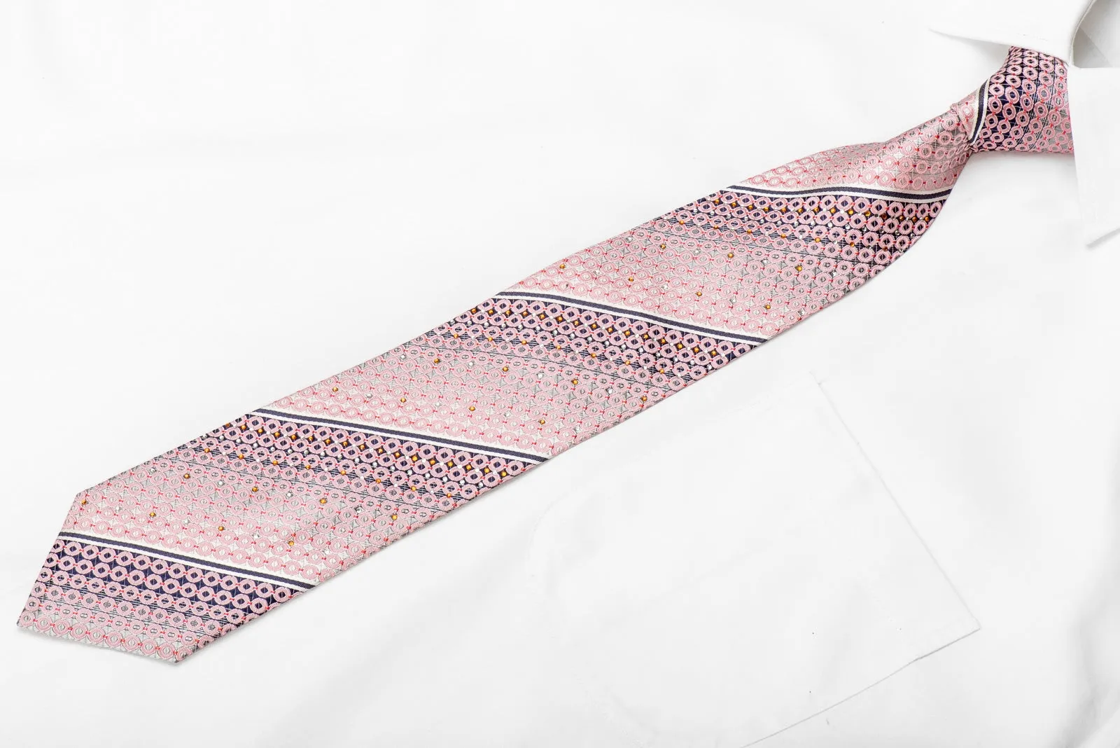 Nicole St Giles Men's Crystal Silk Necktie Pink Geometric Circles On Silver With Sparkles