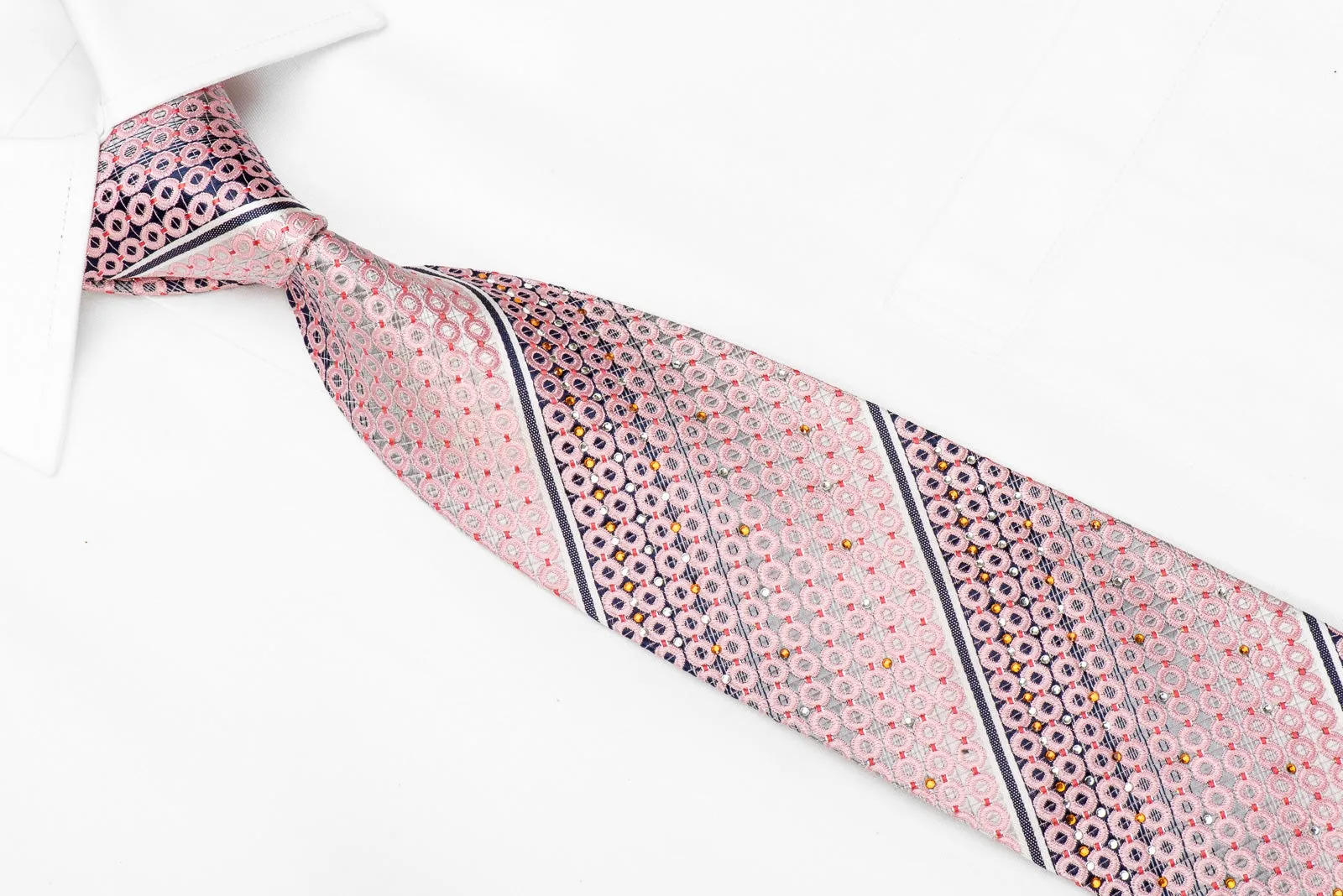 Nicole St Giles Men's Crystal Silk Necktie Pink Geometric Circles On Silver With Sparkles