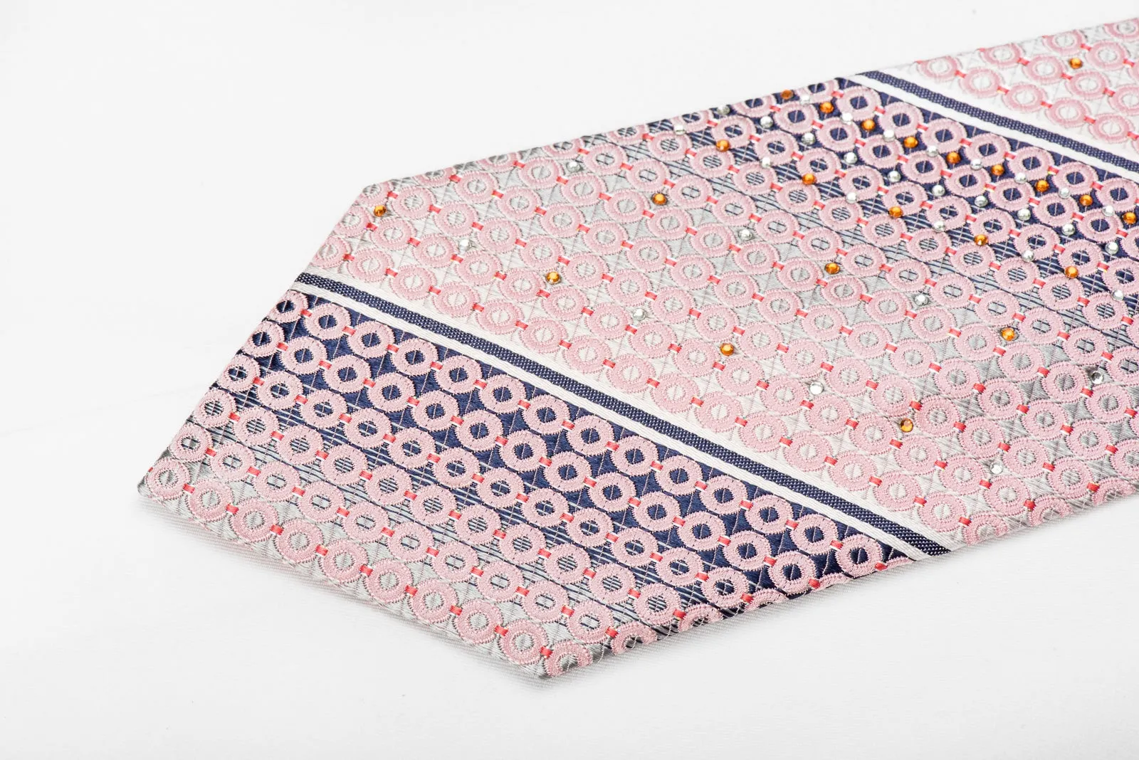 Nicole St Giles Men's Crystal Silk Necktie Pink Geometric Circles On Silver With Sparkles
