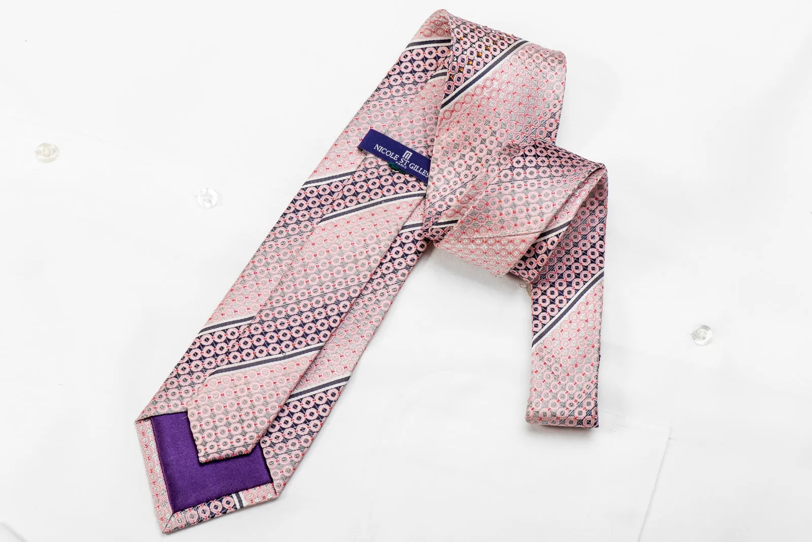 Nicole St Giles Men's Crystal Silk Necktie Pink Geometric Circles On Silver With Sparkles