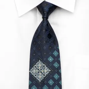 Paco Rabanne Mens Rhinestone Silk Tie Cartouche On Blue With Silver Sparkles