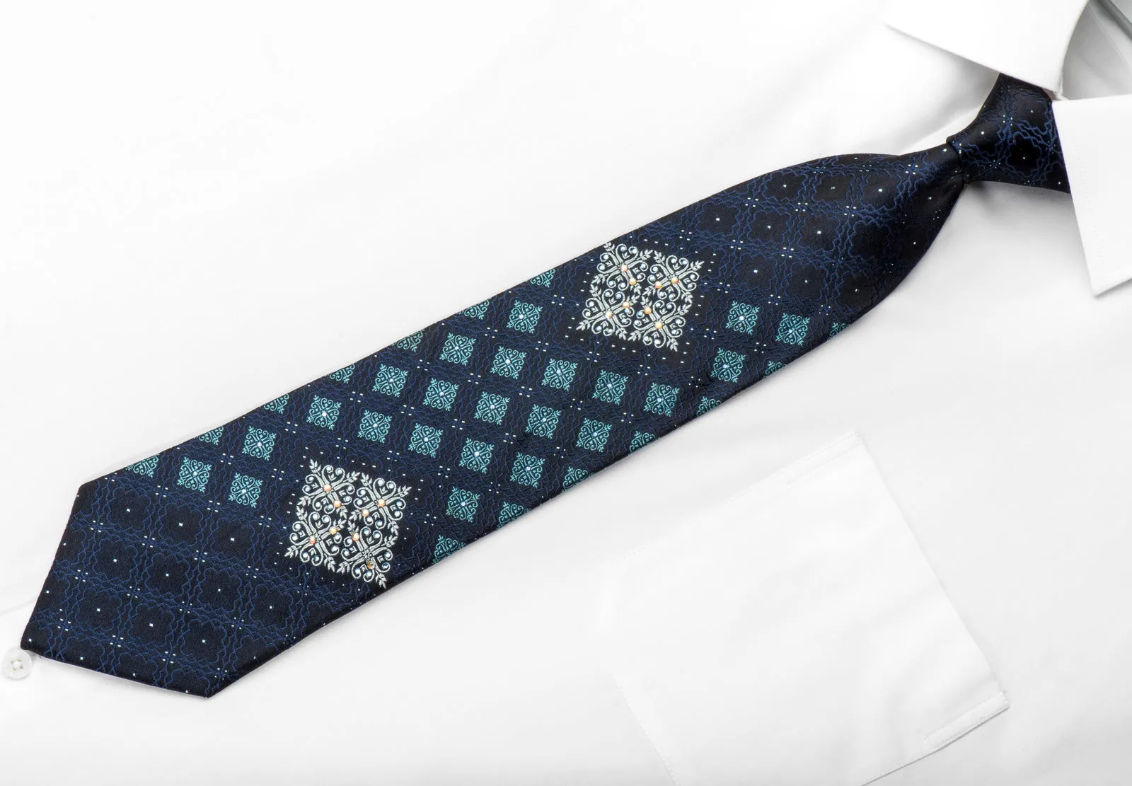 Paco Rabanne Mens Rhinestone Silk Tie Cartouche On Blue With Silver Sparkles