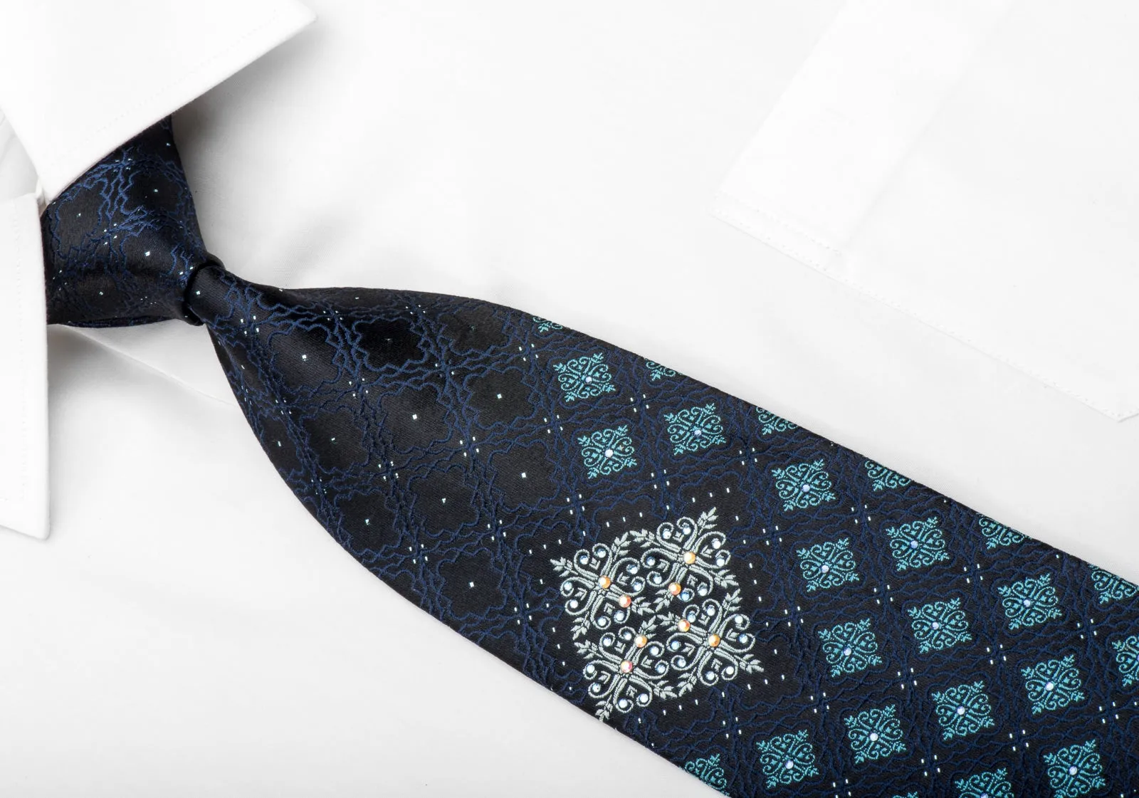 Paco Rabanne Mens Rhinestone Silk Tie Cartouche On Blue With Silver Sparkles