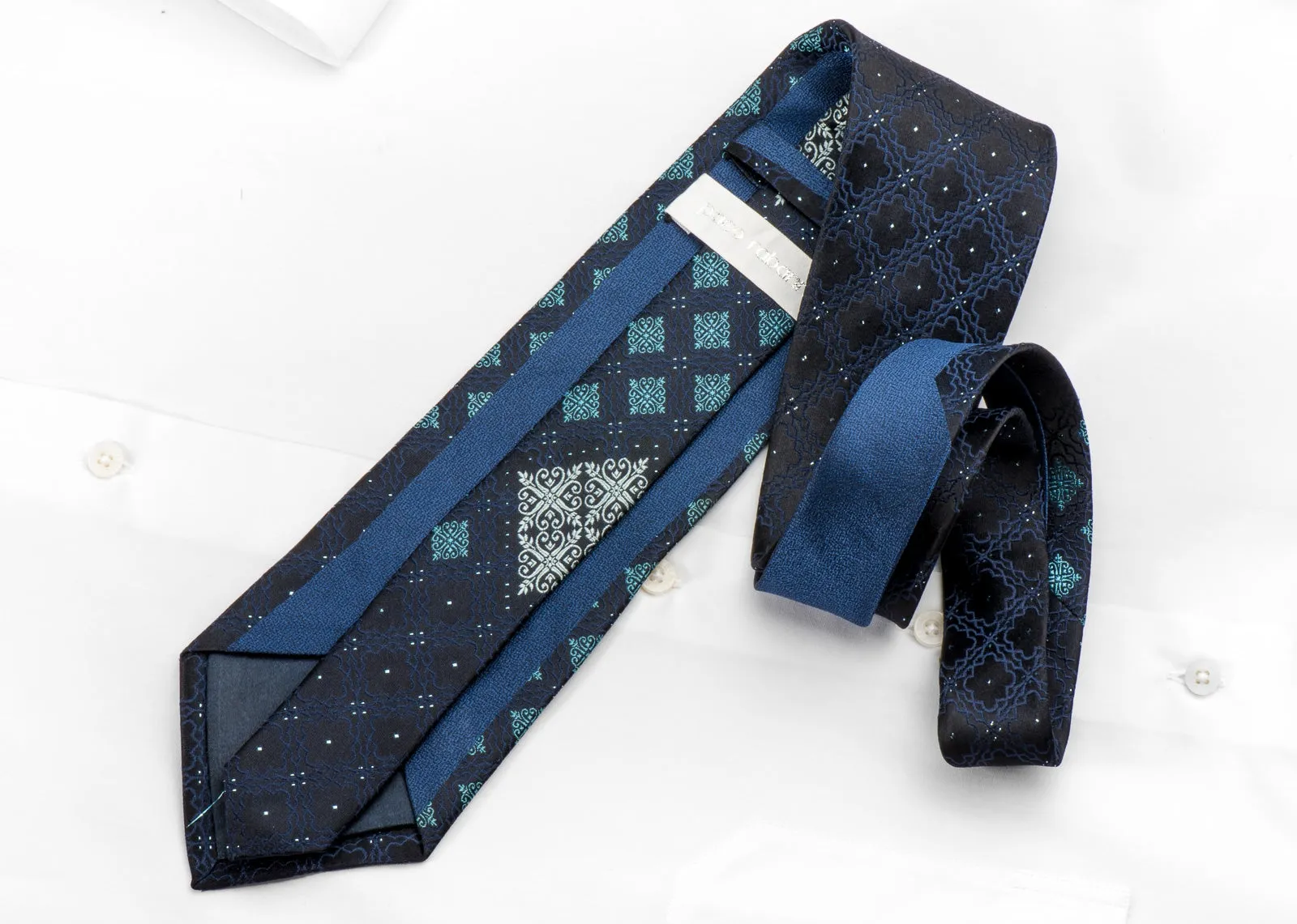 Paco Rabanne Mens Rhinestone Silk Tie Cartouche On Blue With Silver Sparkles