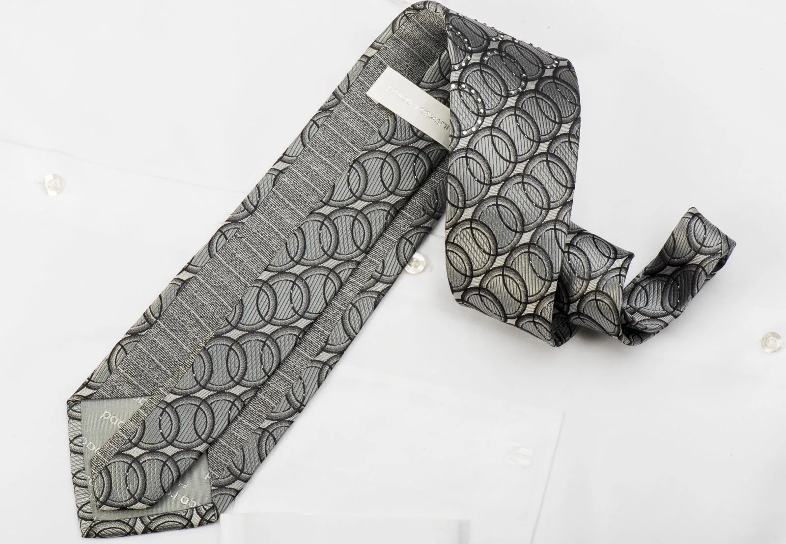 Paco Rabanne Rhinestone Silk Tie Black Circles On Silver With Sparkles
