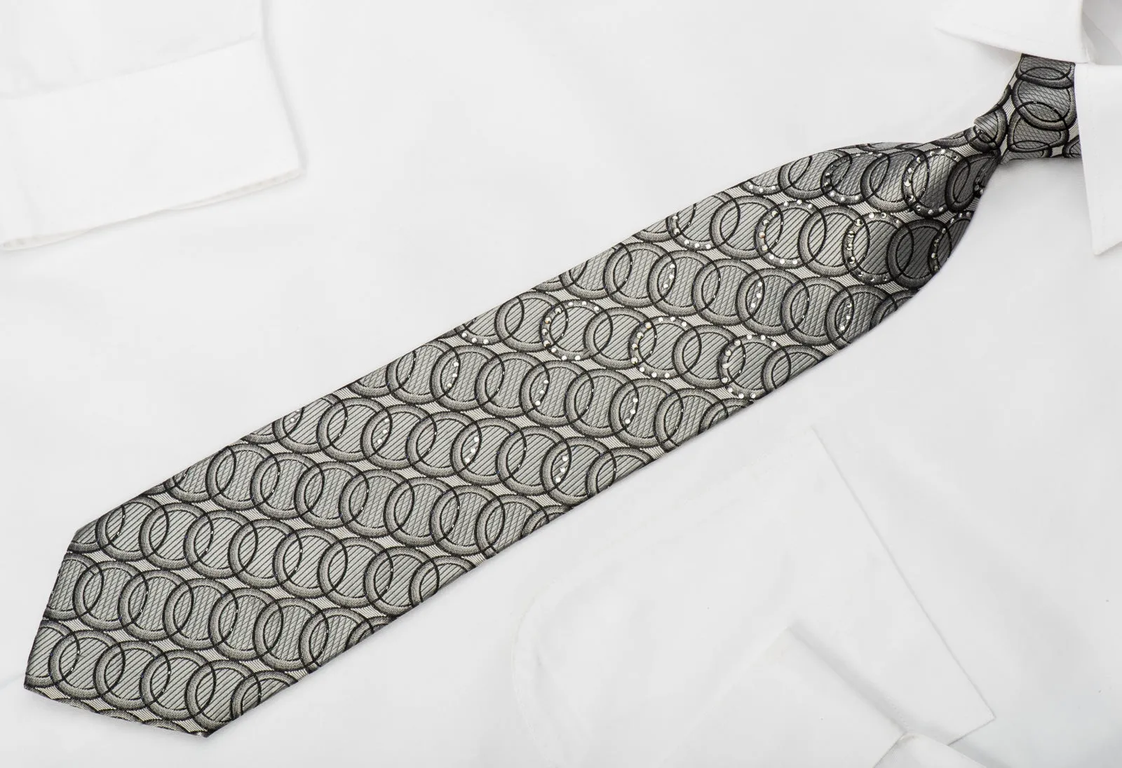 Paco Rabanne Rhinestone Silk Tie Black Circles On Silver With Sparkles