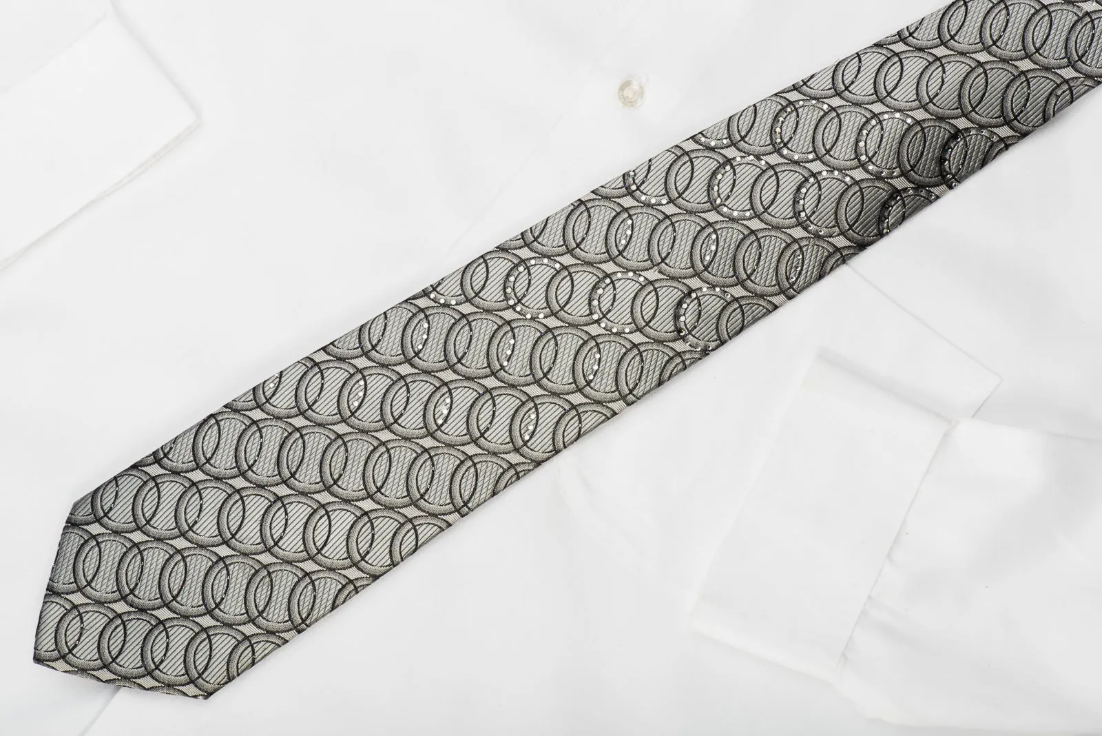 Paco Rabanne Rhinestone Silk Tie Black Circles On Silver With Sparkles