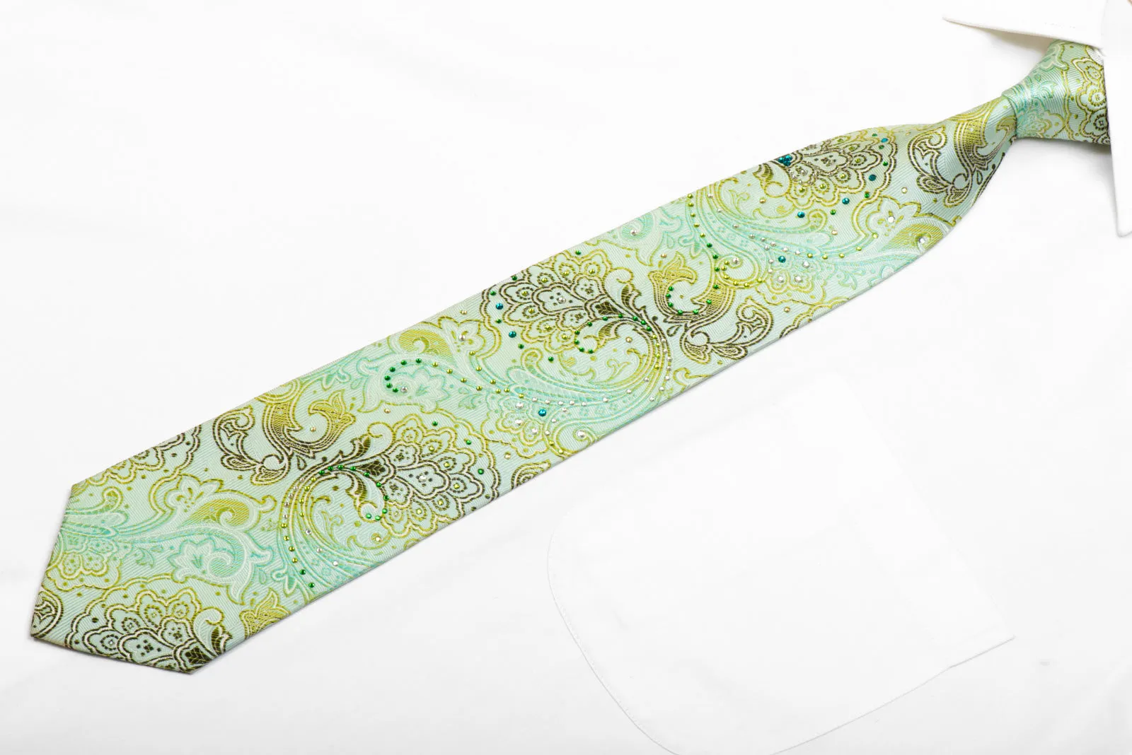 Pierre Cardin Rhinestone Silk Necktie Paisley On Green