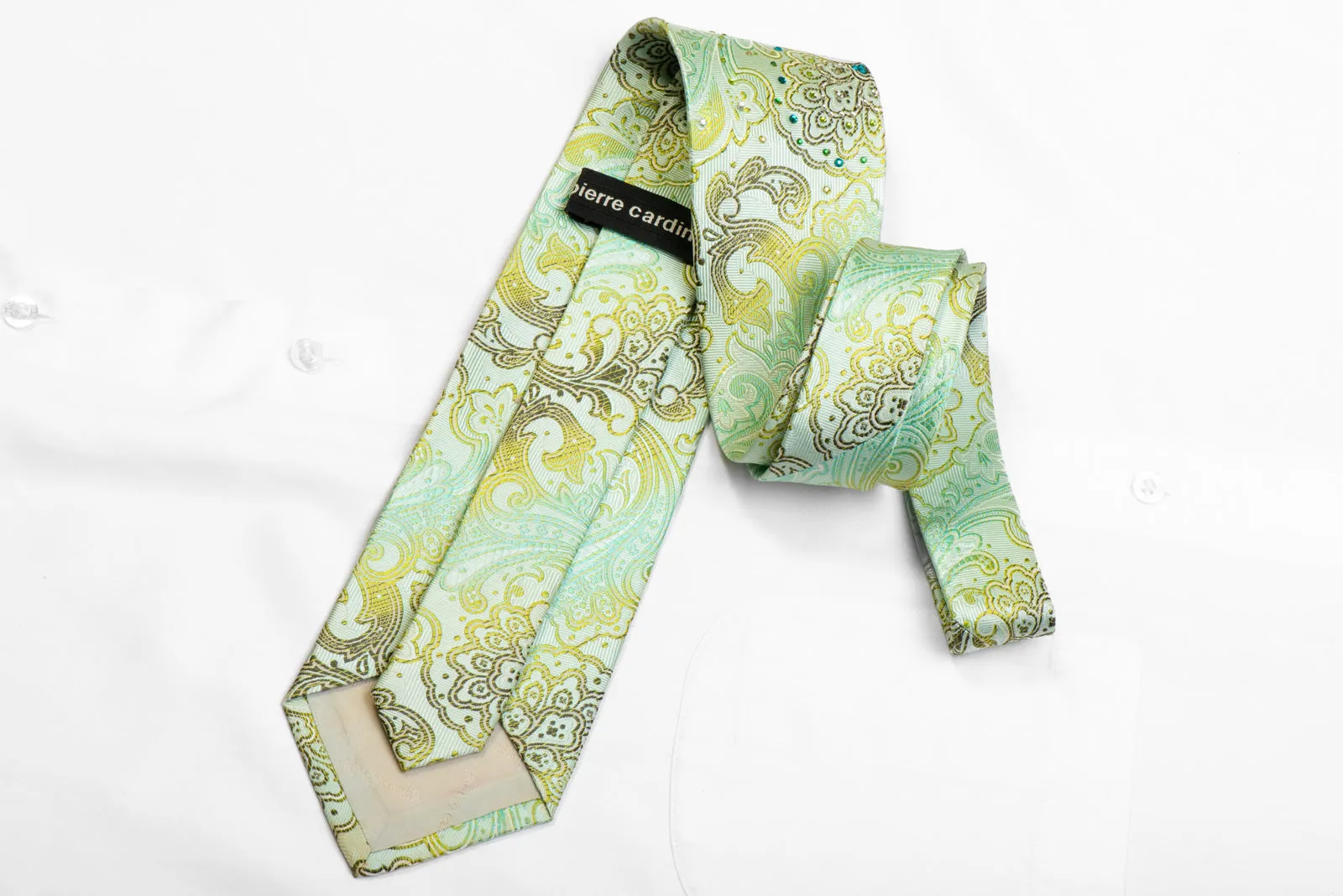 Pierre Cardin Rhinestone Silk Necktie Paisley On Green