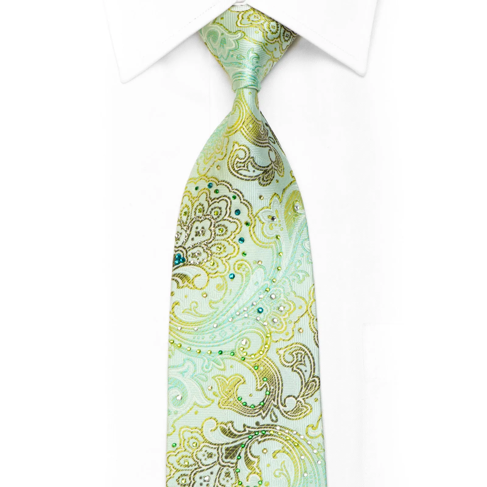 Pierre Cardin Rhinestone Silk Necktie Paisley On Green