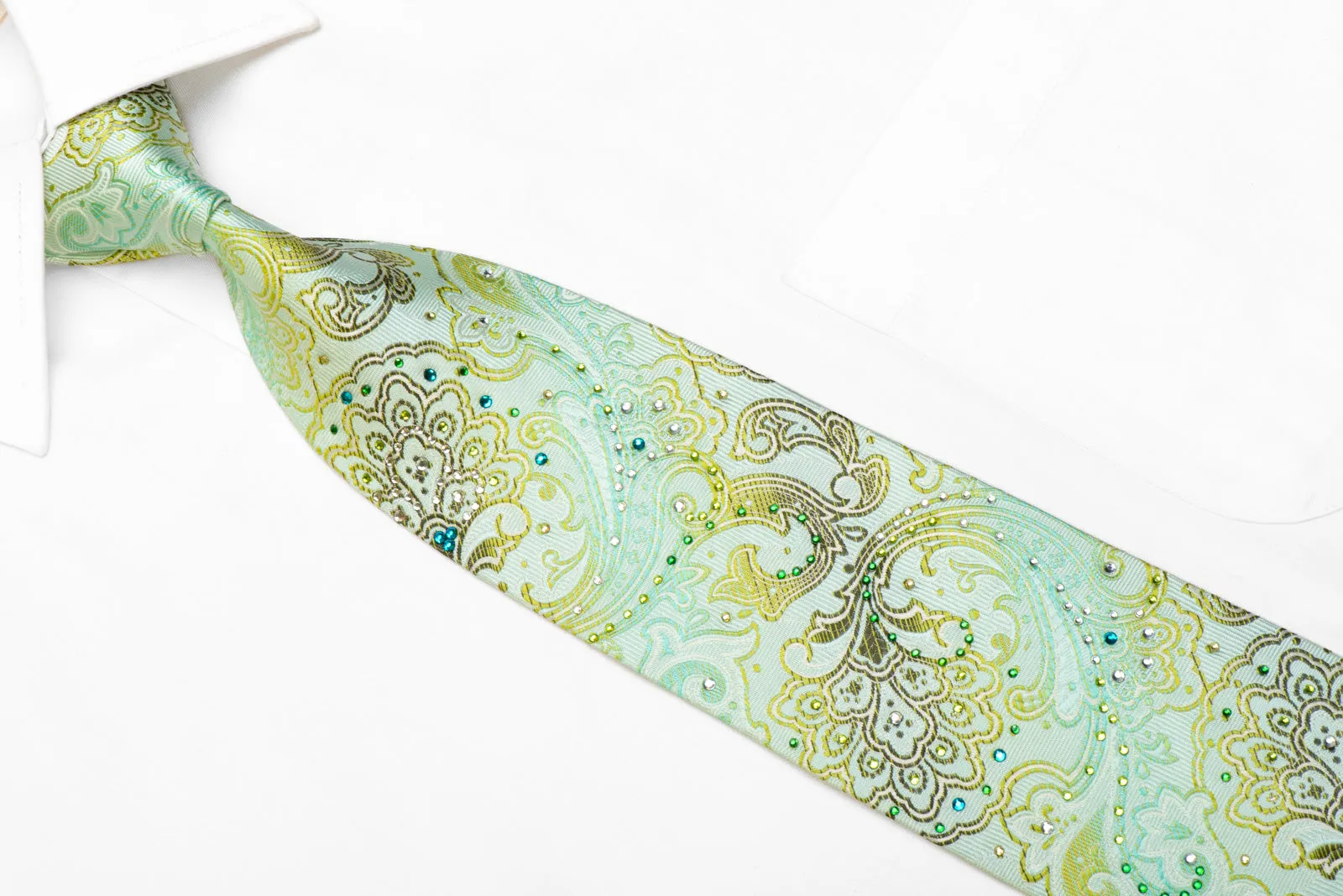 Pierre Cardin Rhinestone Silk Necktie Paisley On Green