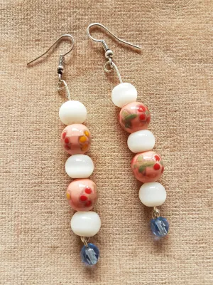 Pink Floral White Blue Bead Silver Earrings