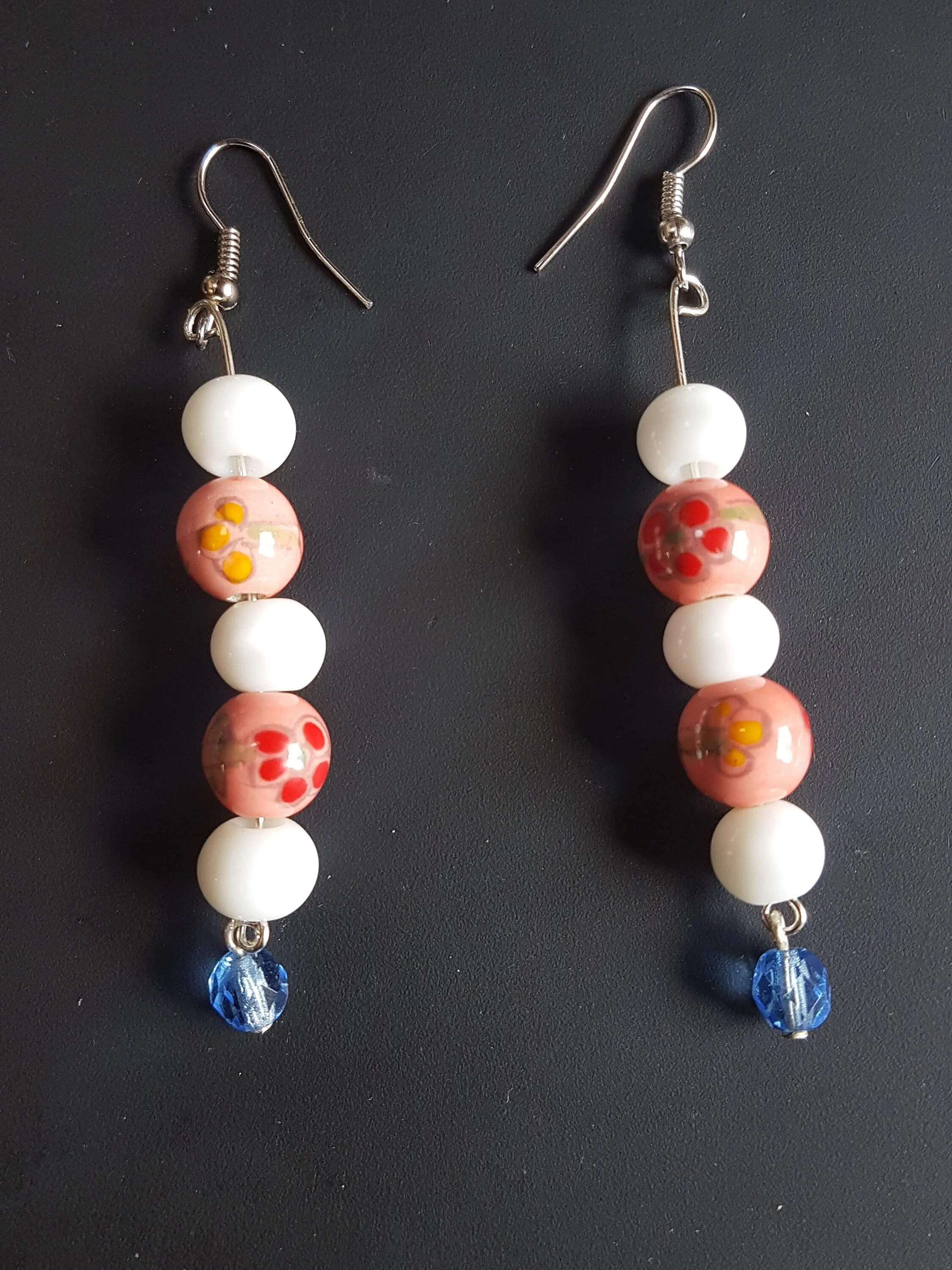Pink Floral White Blue Bead Silver Earrings