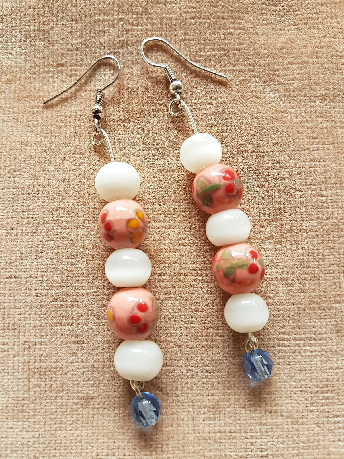 Pink Floral White Blue Bead Silver Earrings