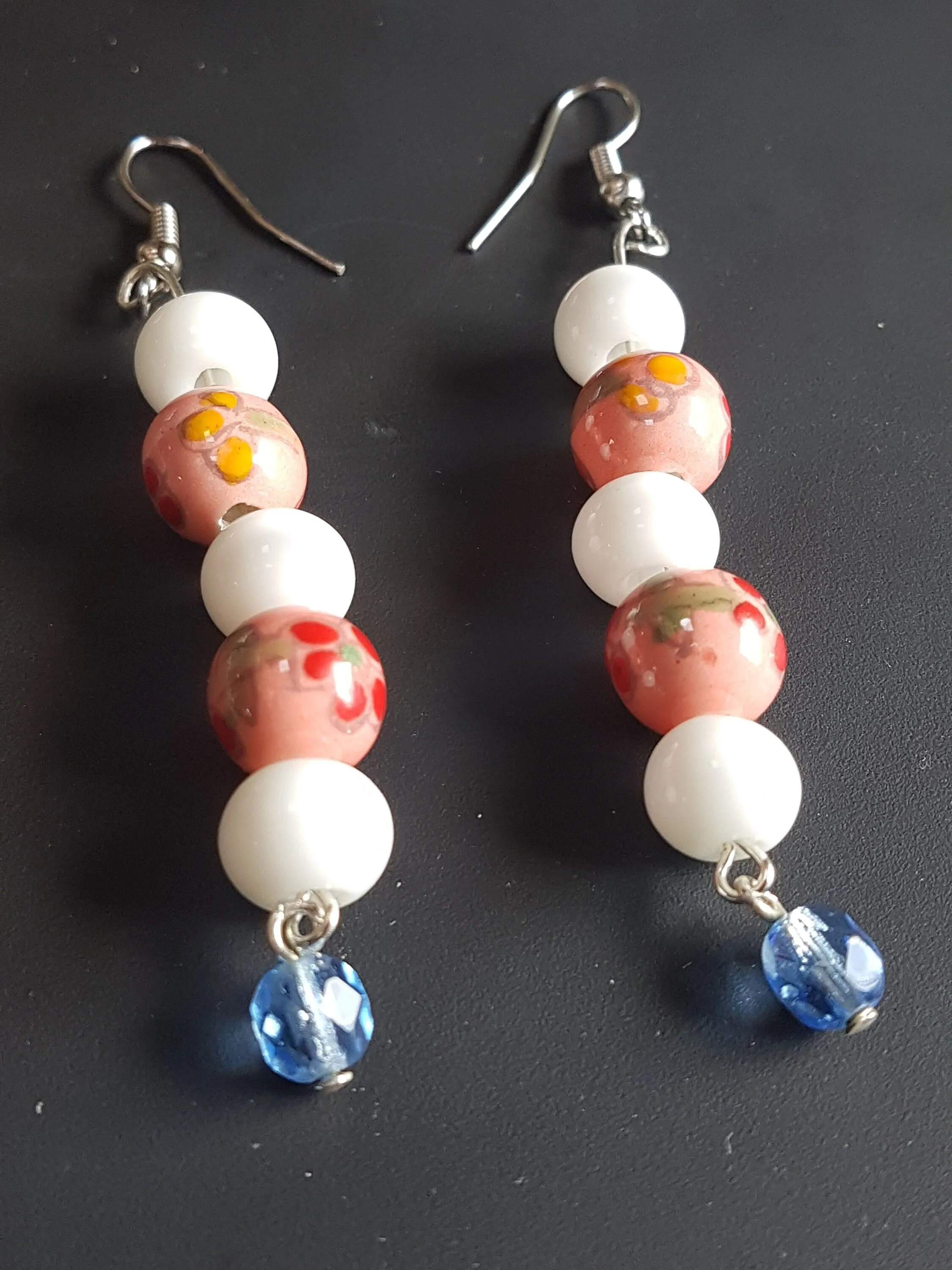 Pink Floral White Blue Bead Silver Earrings