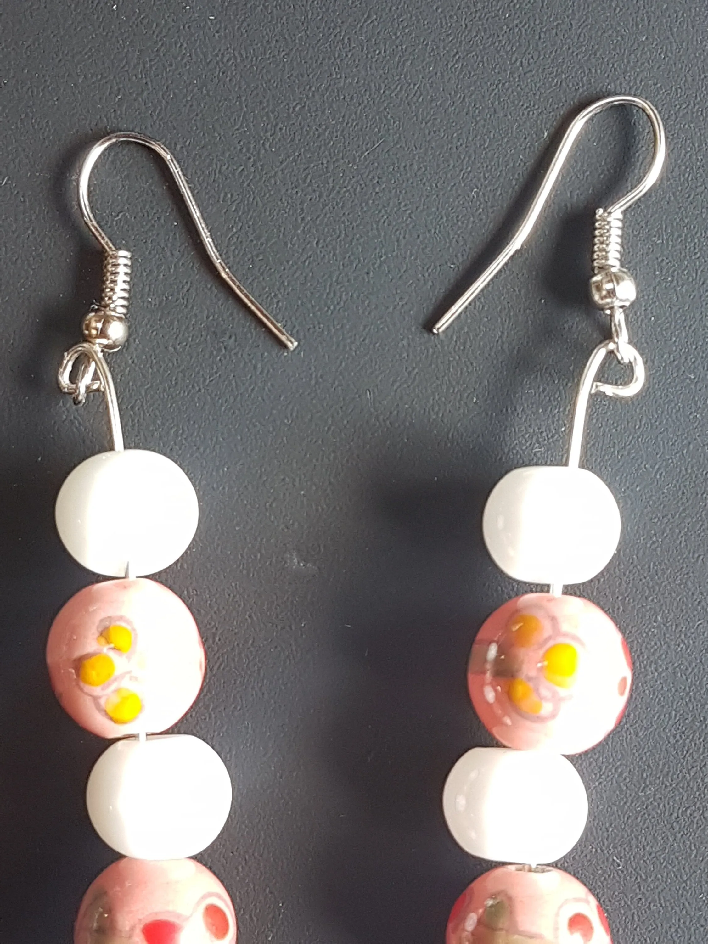 Pink Floral White Blue Bead Silver Earrings
