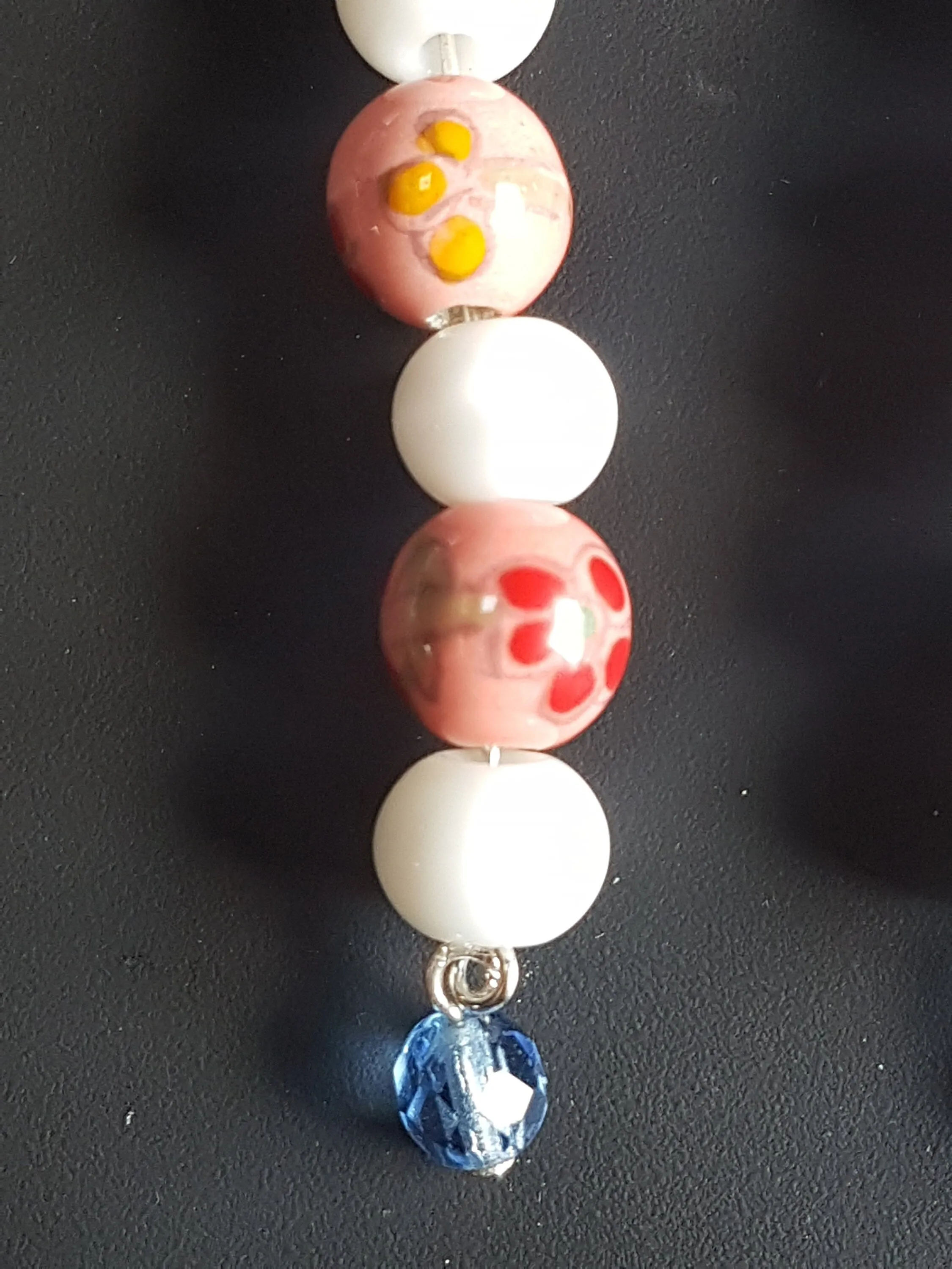 Pink Floral White Blue Bead Silver Earrings