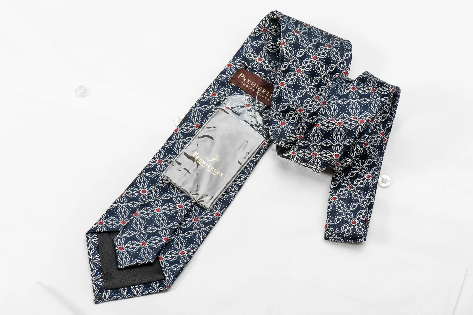 Premierlux Men's Crystal Silk Tie Silver Trellis On Blue With Silver Sparkles