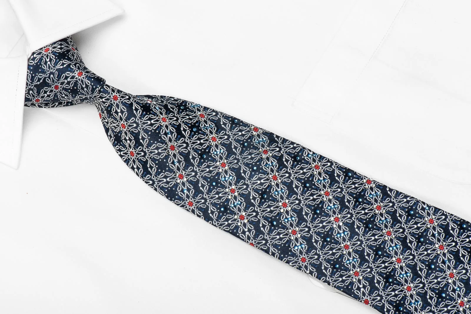 Premierlux Men's Crystal Silk Tie Silver Trellis On Blue With Silver Sparkles