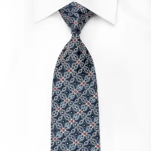 Premierlux Men's Crystal Silk Tie Silver Trellis On Blue With Silver Sparkles