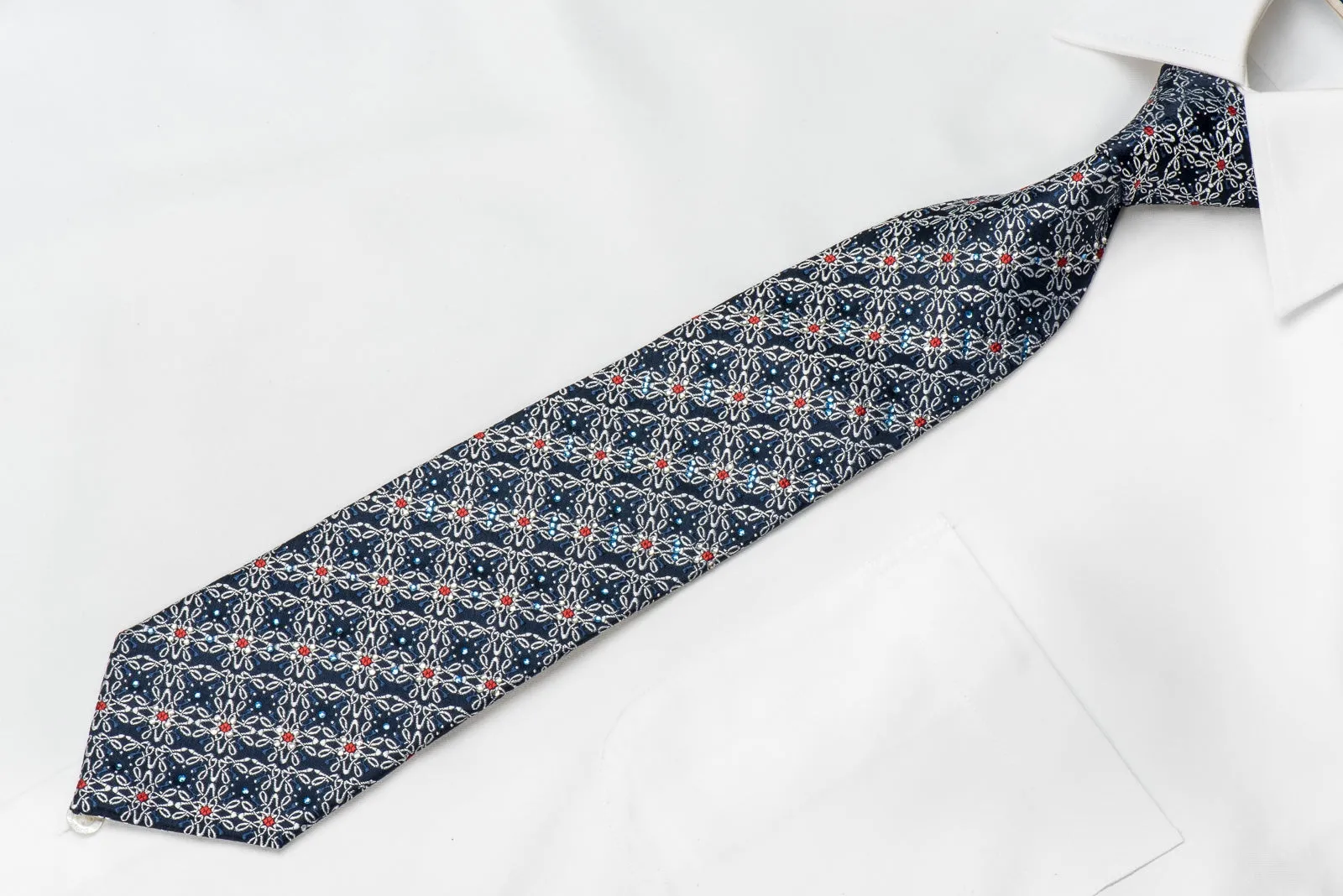 Premierlux Men's Crystal Silk Tie Silver Trellis On Blue With Silver Sparkles
