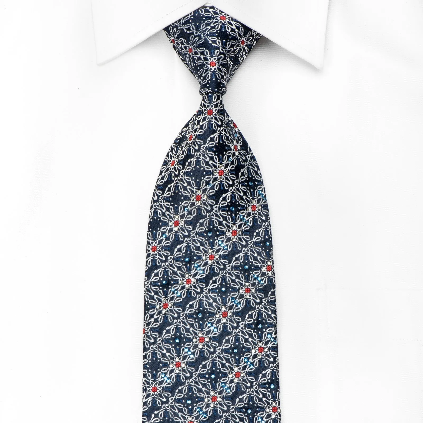 Premierlux Men's Crystal Silk Tie Silver Trellis On Blue With Silver Sparkles