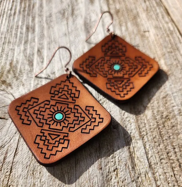 "Jacy"  Handmade Tooled Leather Aztec Diamond Earrings