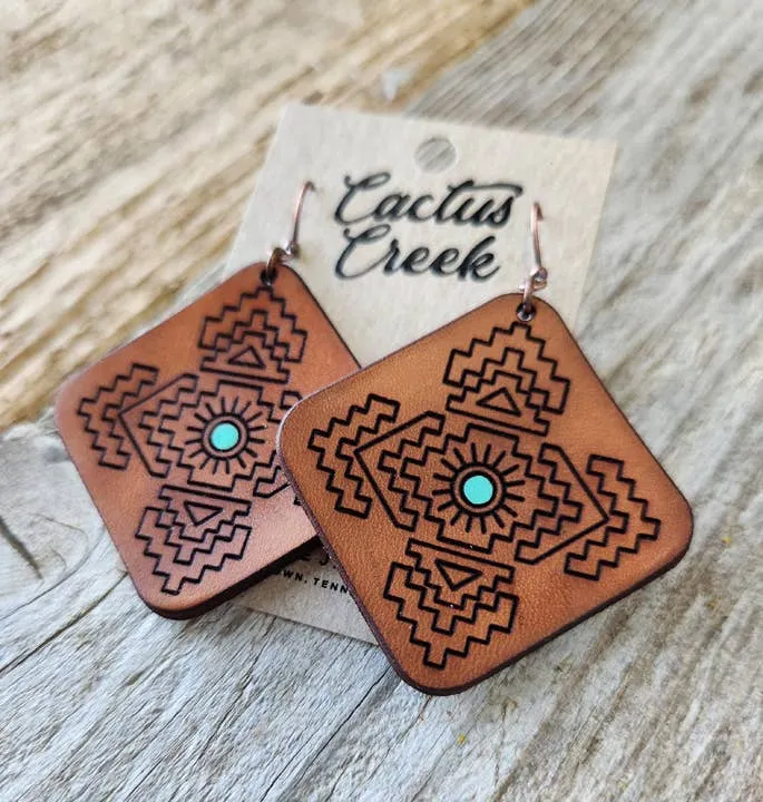 "Jacy"  Handmade Tooled Leather Aztec Diamond Earrings