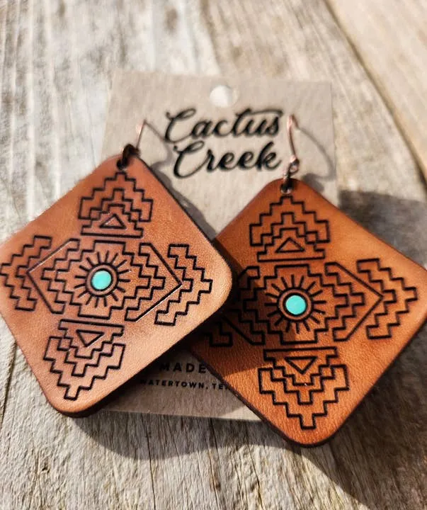 "Jacy"  Handmade Tooled Leather Aztec Diamond Earrings