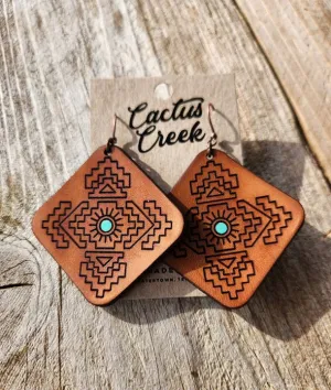 "Jacy"  Handmade Tooled Leather Aztec Diamond Earrings