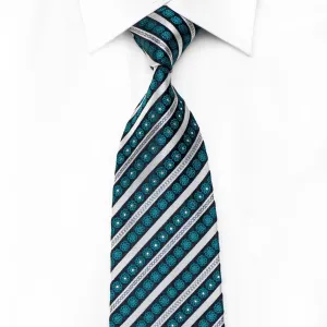 Renoma Men's Crystal Rhinestone Silk Necktie Silver Blue Striped With Silver Sparkles