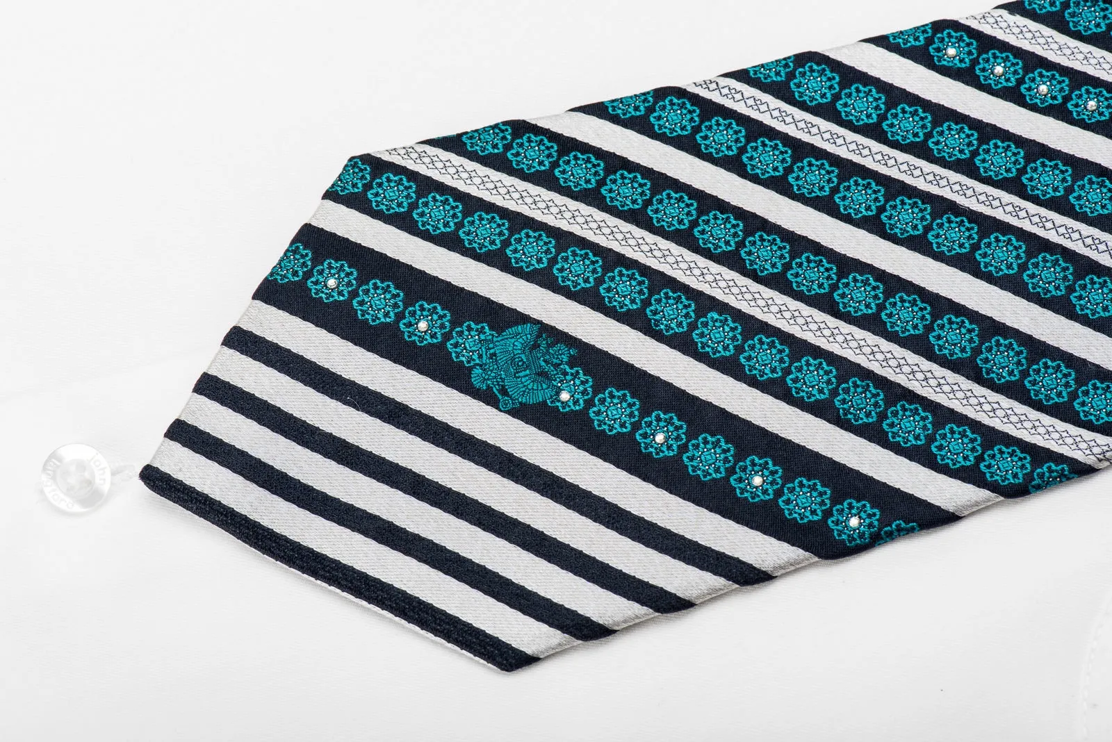 Renoma Men's Crystal Rhinestone Silk Necktie Silver Blue Striped With Silver Sparkles
