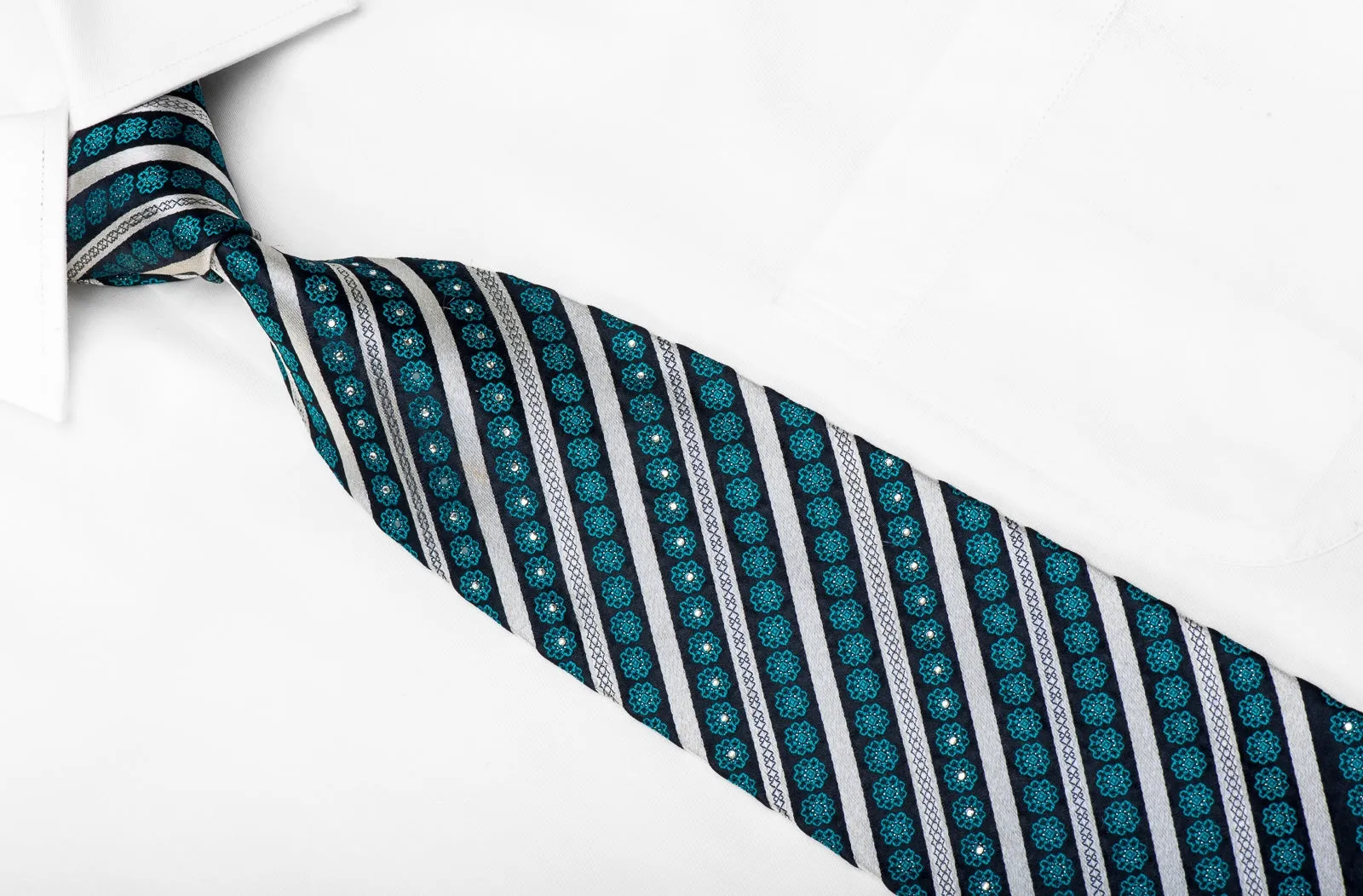 Renoma Men's Crystal Rhinestone Silk Necktie Silver Blue Striped With Silver Sparkles