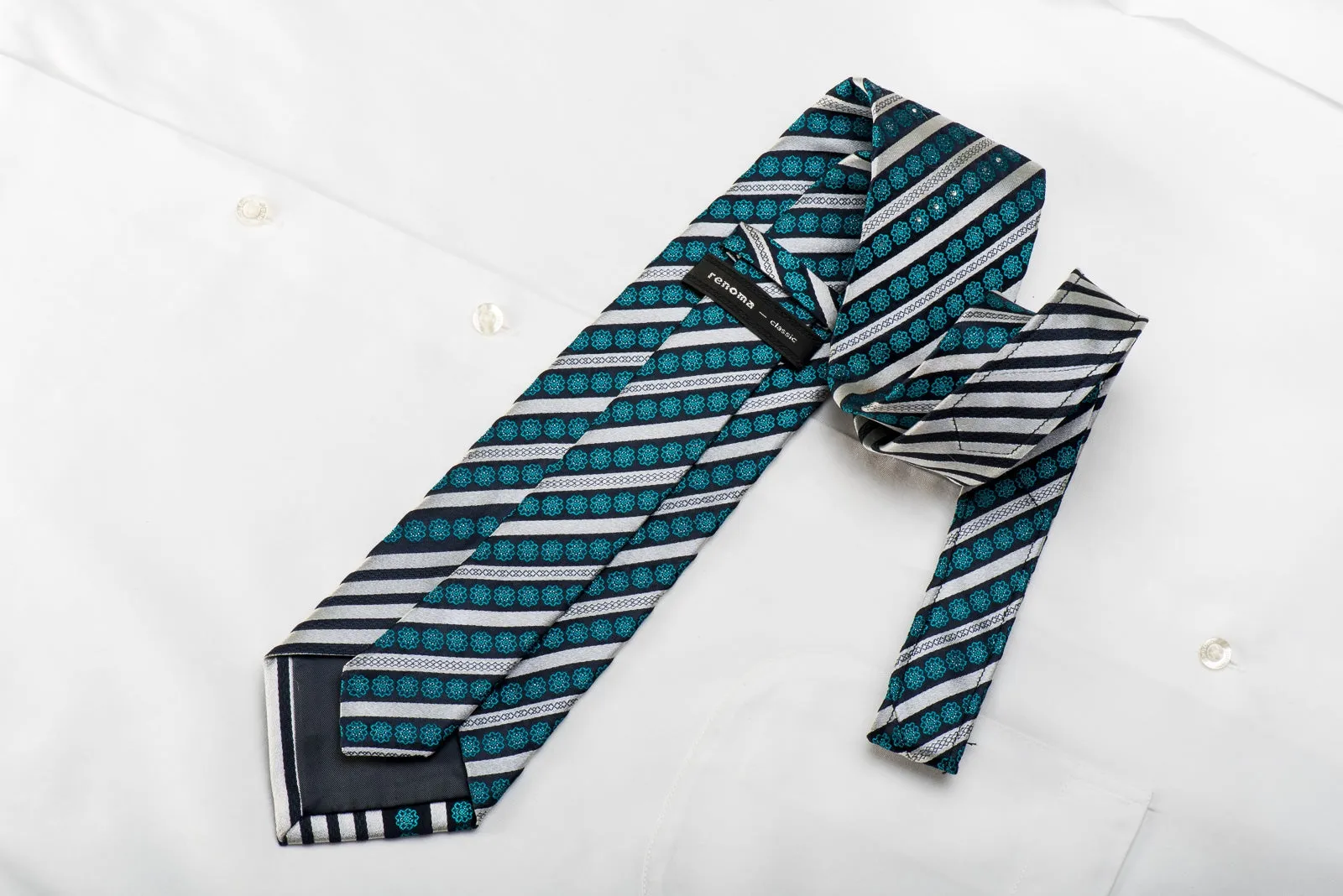 Renoma Men's Crystal Rhinestone Silk Necktie Silver Blue Striped With Silver Sparkles