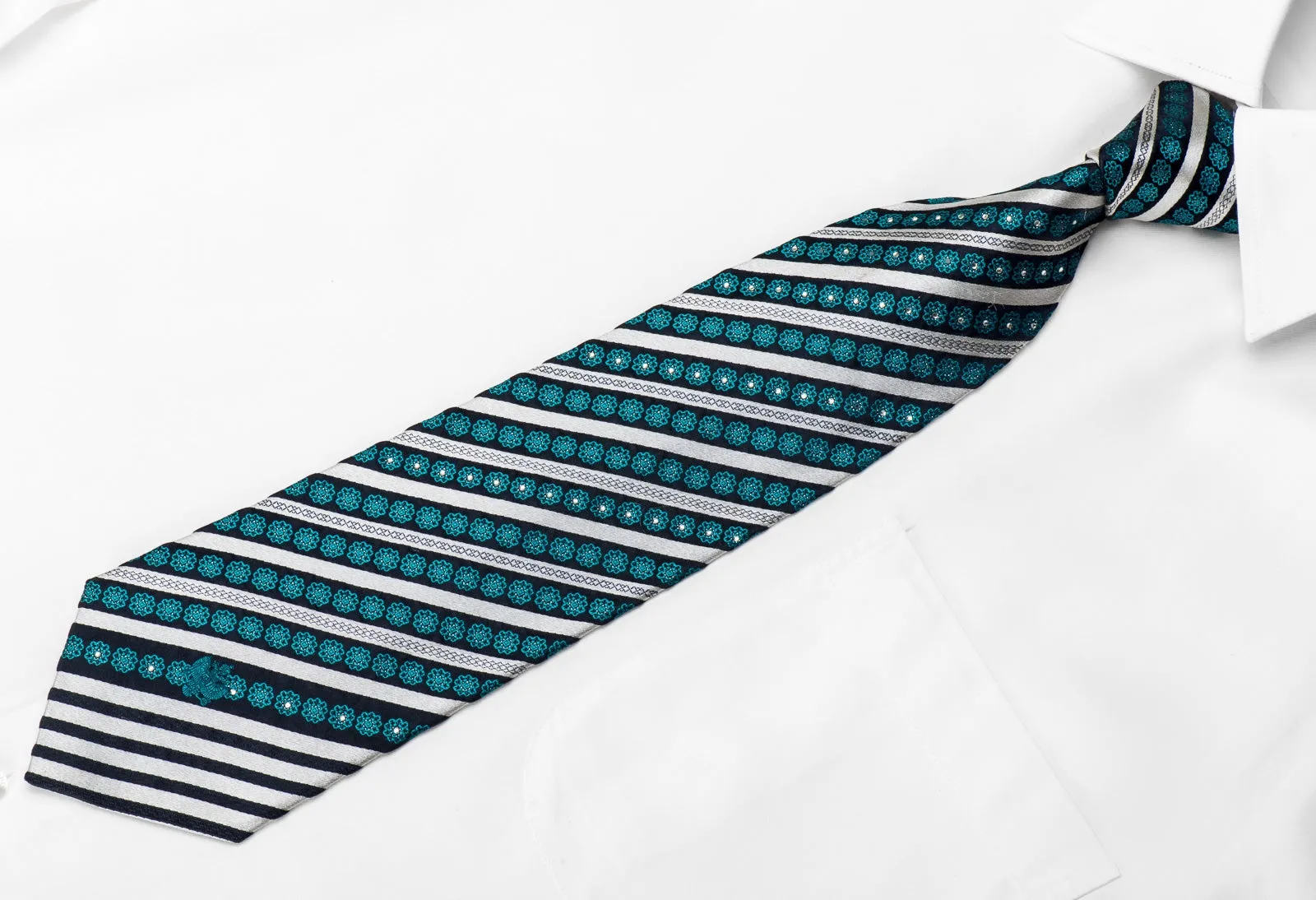 Renoma Men's Crystal Rhinestone Silk Necktie Silver Blue Striped With Silver Sparkles